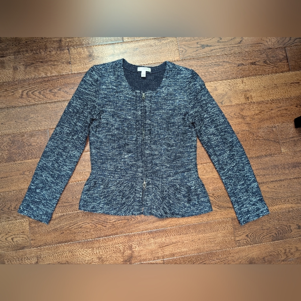 EUC Ladies J. Crew Jacket Zip Up Peplum Waist Navy & White "Tweed" Size XS